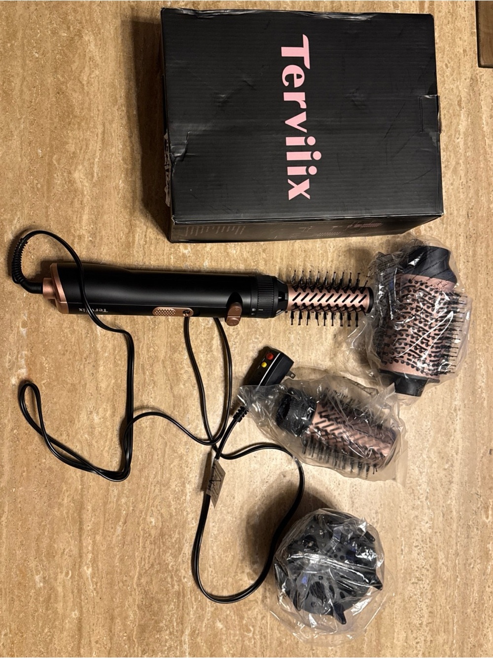 Terviiix 4-in-1 Rotating Hot Air Brush Set Blowout Styler Black Gold - Open Box
